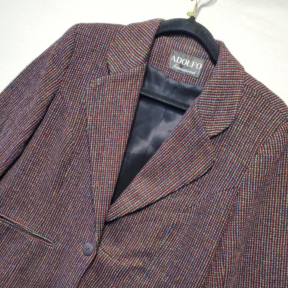 VTG Adolfo International Blazer Women 8P Multicolor Wool Tweed Career Jacket USA
